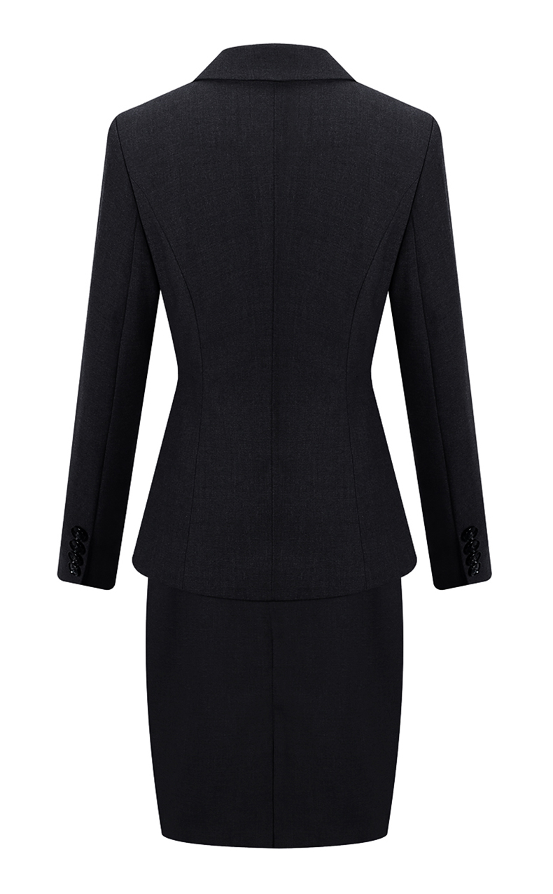 女士行政黑色職業(yè)裝套裝領(lǐng)型細節(jié)圖展示  女士行政黑色職業(yè)裝套裝口袋細節(jié)圖展示  女士行政黑色職業(yè)裝套裝背面圖片